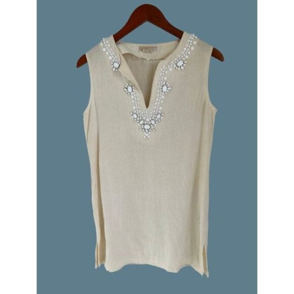 MICHAEL KORS 100% Linen Tunic Beaded Off-White Sleeveless Size 4 - Picture 1 of 9